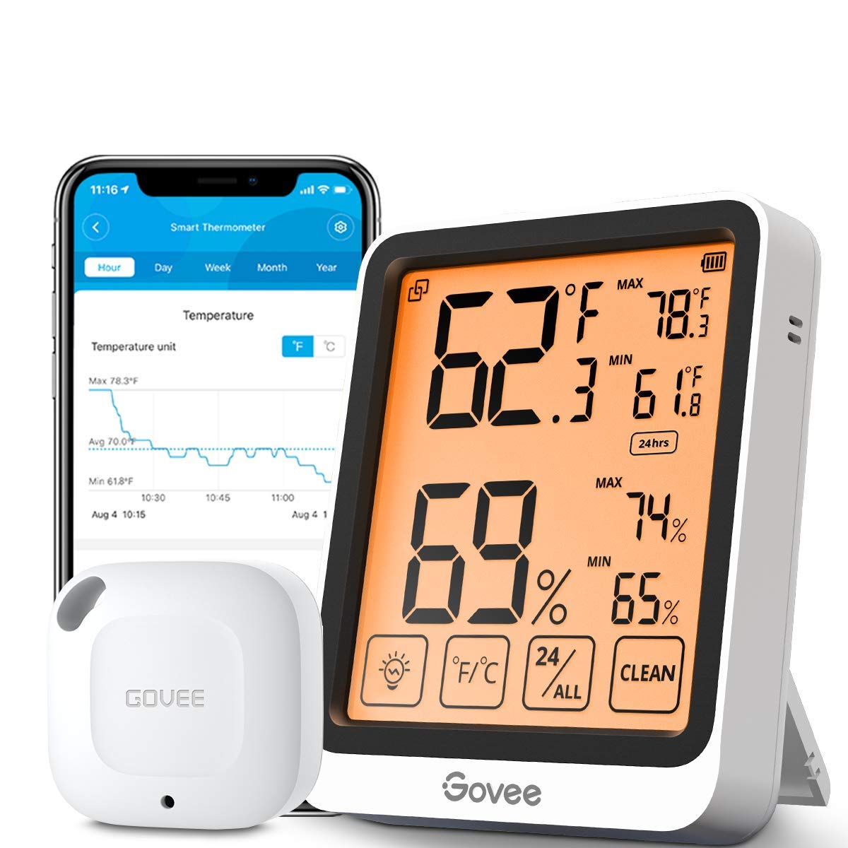 Govee Mini Bluetooth Indoor Temperature Humidity Sensor Bundle with Touchscreen Backlight Temp