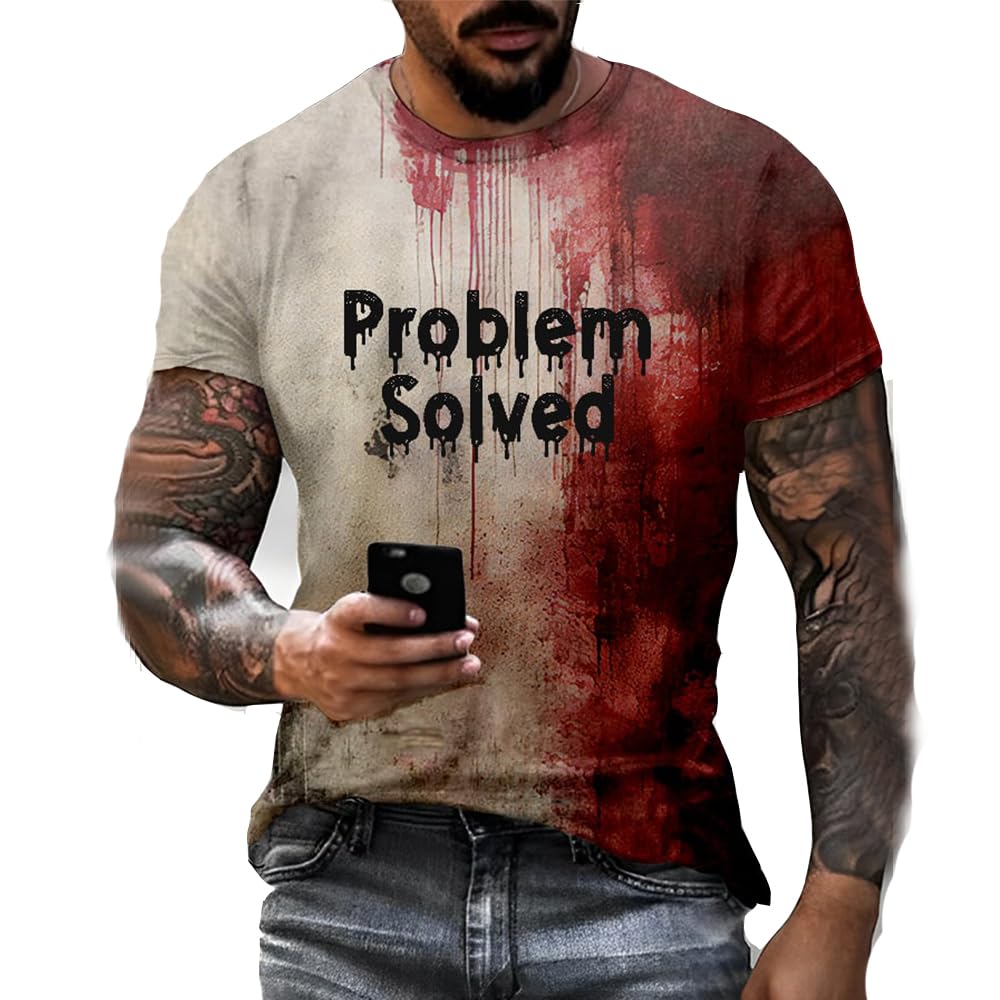 Problem Solved Halloween Print Shirt Men Bloody Graphic Funny Shirts Casual T Fun Gifts