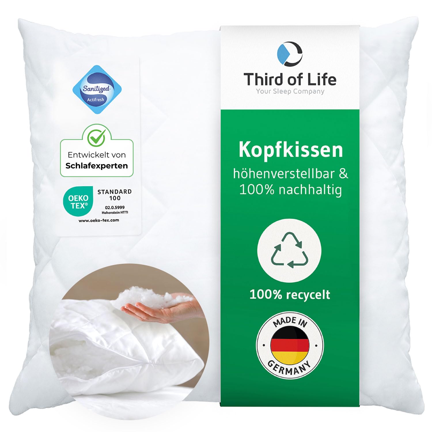 Kopfkissen 80x80 VERDA, Made in Germany, 100% nachhaltig, Ergonomisches Schlaf-Kissen 80 x 80, Polster aus recycelten Fasern, Höhenverstellbar für Bauch-, Rücken-, Seitenschläfer, Allergiker geeignet