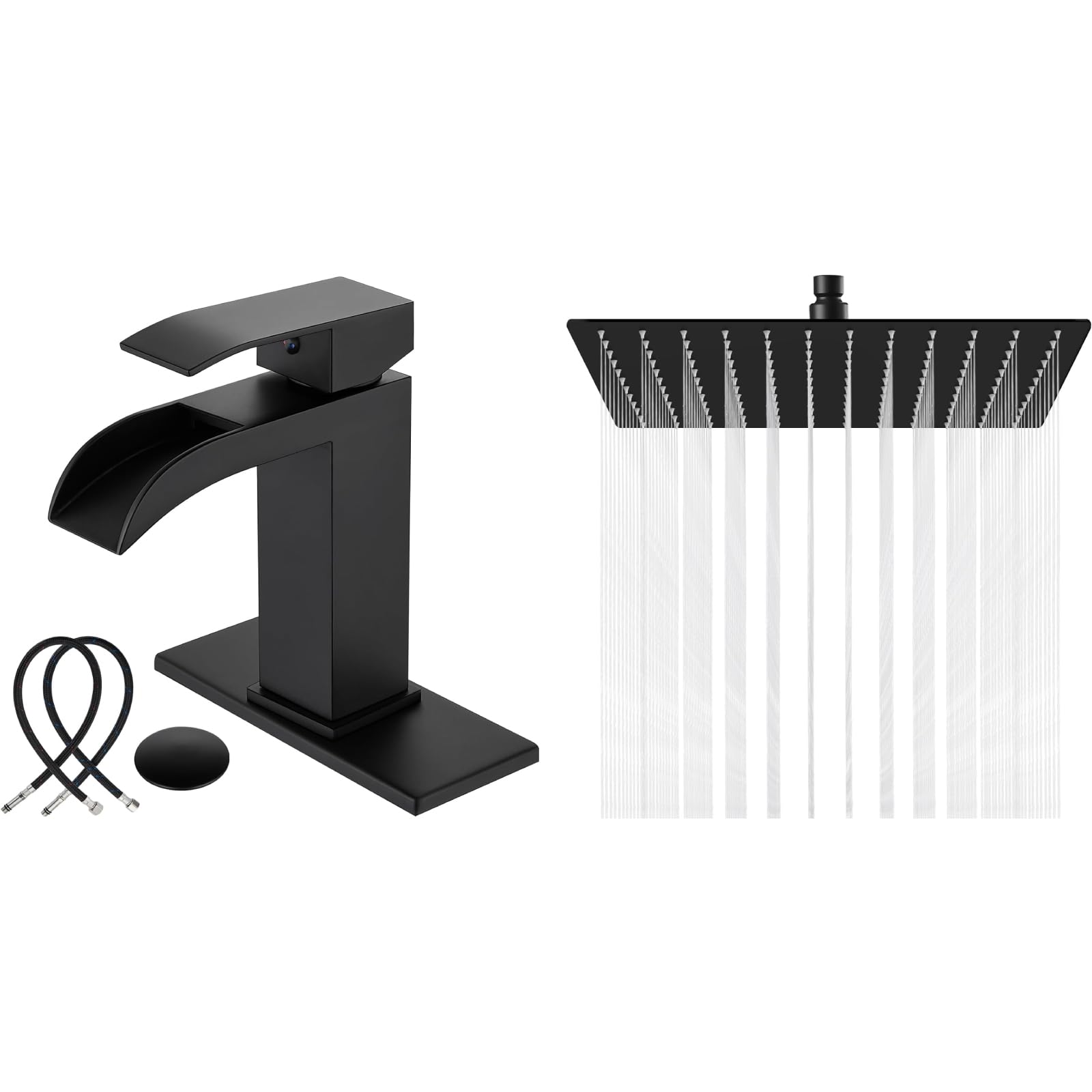 Hcfyauis Black Matte Single Handle Slotted Waterfall Bathroom Faucets With Pop Up Drain With Matte 12 Inch Rainfall Shower Head Square High Pressure Waterfall Rain Showerhead