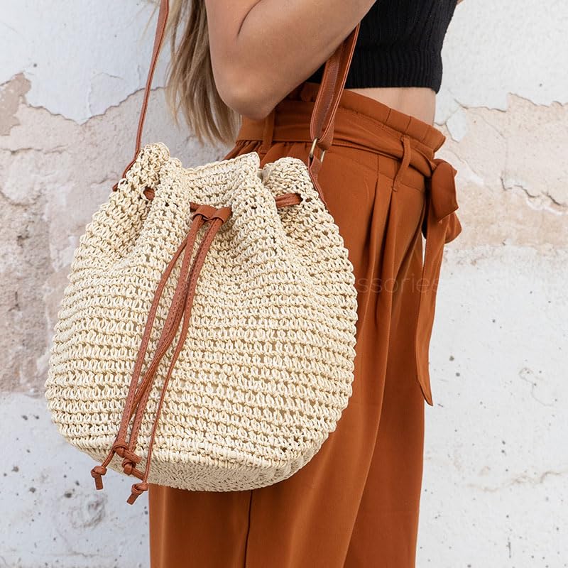 Image of MAIRO LIFESTYLE Straw Wicker Handmade Boho Summer Beach Drawstring Tote Bag