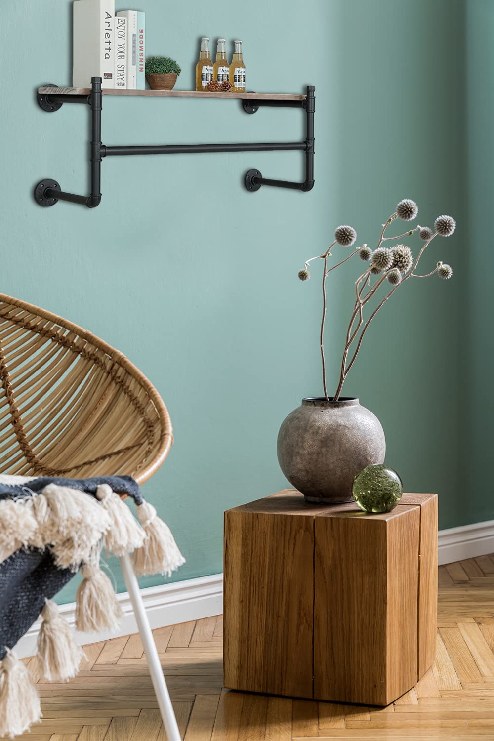 Clothes Rack with Shelf, 36in Industrial Pipe Wall Mounted Garment Rack, Space-Saving Display Hanging Pipe Clothes Rack, Heavy Duty Detachable Multi-Purpose Hanging Rod for Closet Storage(1-Layer)