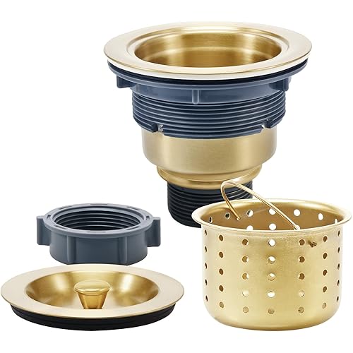 KONE 3-1/2 Inch Gold Sink Drain, Durable Stainless Steel Brass Kitchen Sink Drain Assembly Kit with Sink Strainer Waste Basket/Strainer Assembly/Sealing Lid for Standard Kitchen Sink