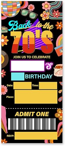 brayqu Regreso a las invitaciones de fiesta de cumpleaños de los años 70 Retro 70 Invitaciones temáticas de entradas rellenas (20 tarjetas de