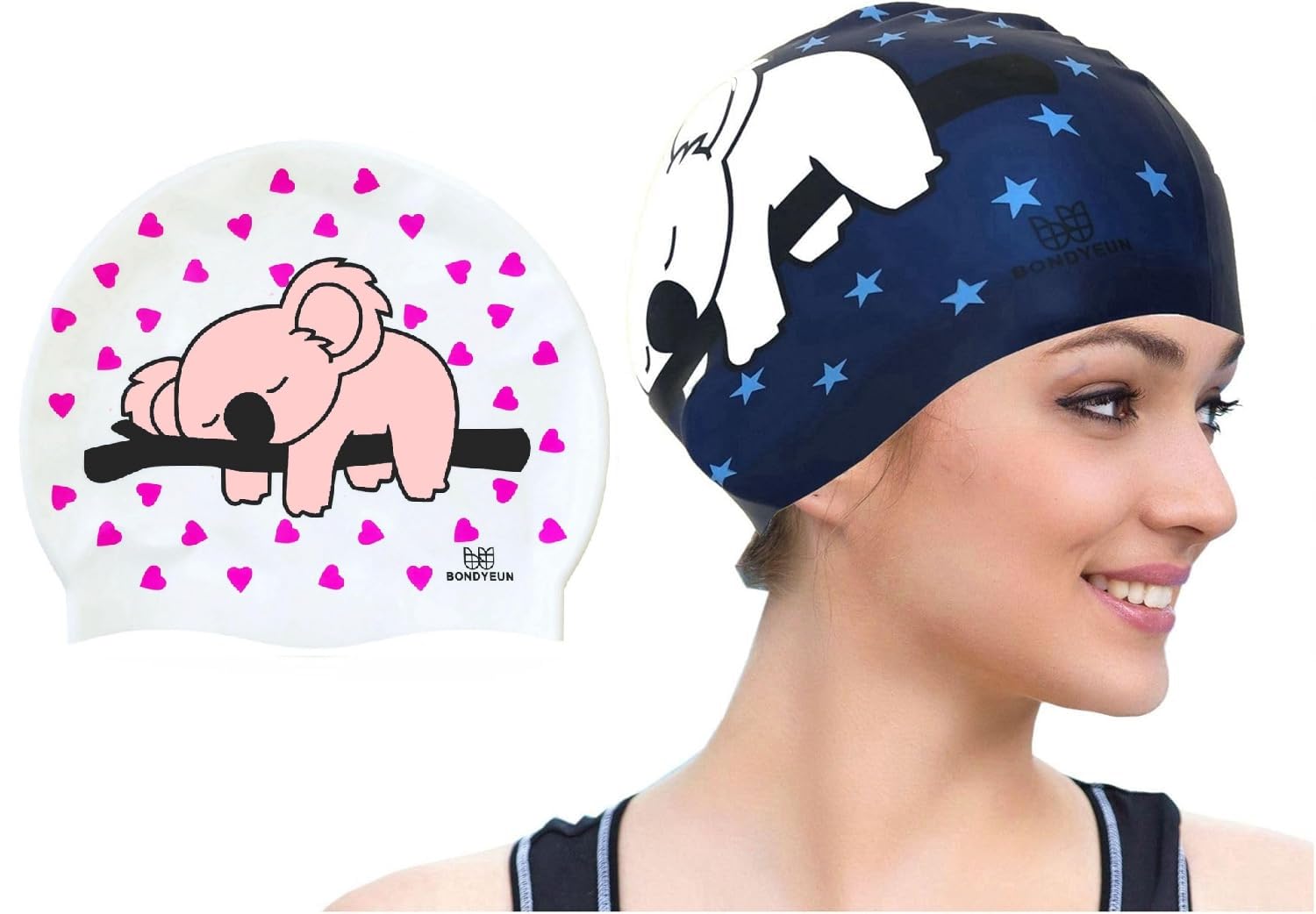 BONDYUEN Swim Cap Fit Kids Boys Girls Men Women with Short or Medium Hair Fun Cute Design Patterns Silicone Swimming Caps (Dark Blue+White Pink（Stars）) — image 1