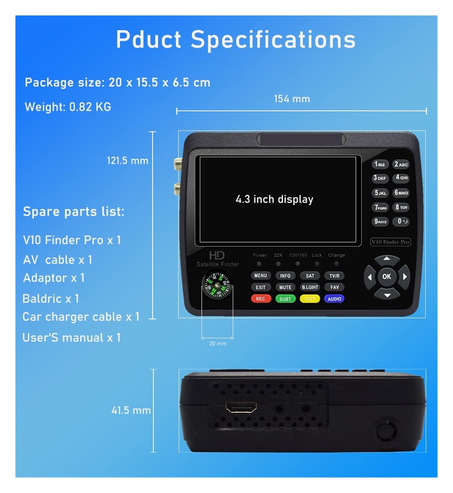 V10 Finder Pro Digital Satellite 4.3 Pouces LCD Signal Compteur Satfinde, Traqueur de Samedi