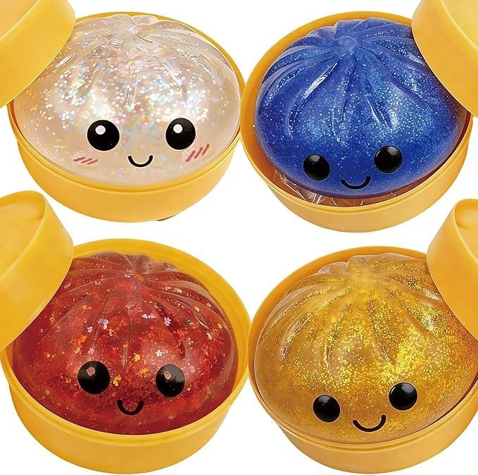 4 Pcs Glitter Dumpling, Glitter Dumpling Squishy with Box, Dumplings Sensory Squeeze Toy for Stress Relief