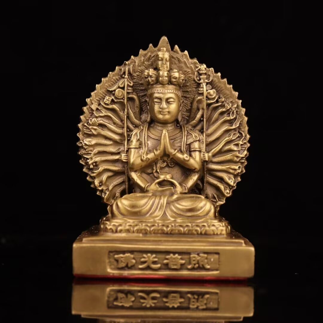Dytartzx Pure Copper Guanyin Statue, Hand-cast Buddha Statue, Home offering Ornament, Guanyin Bodhisattva with a Thousand Hands and a Thousand Eyes