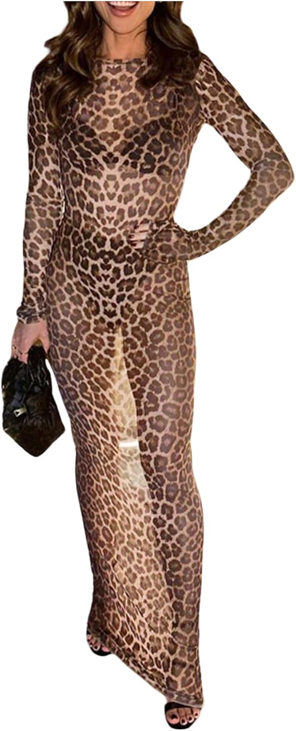GORGLITTER Women's Cheetah Print Boho Maxi Dress Long Sleeve Sheer Mesh Sexy Cocktail Wedding Long Dresses