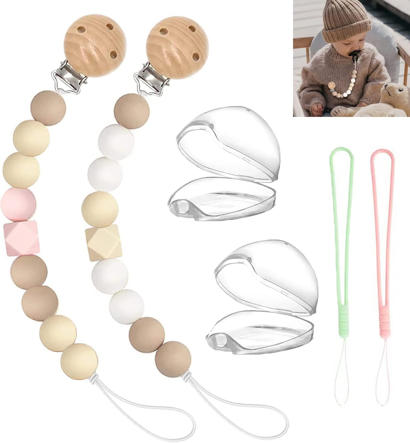 2 Pcs Pacifier Clips Holder with 2 Pcs Pacifier Holder Case, Baby