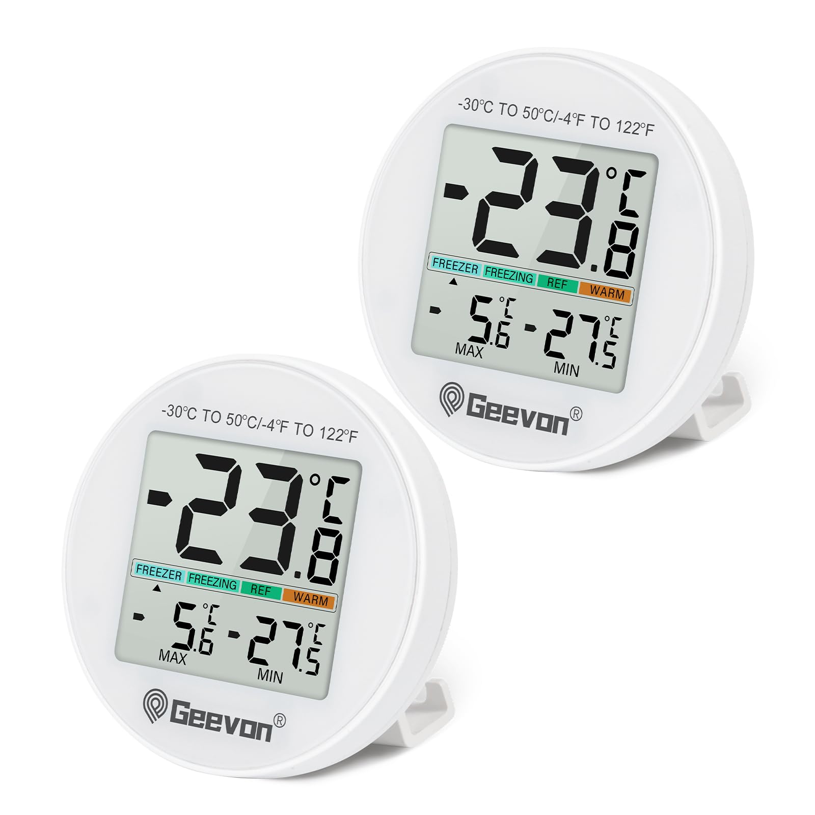 Geevon Kühlschrankthermometer, Digital Mini, IP65 Wasserfest, für Kühlschrank Gefrierschrank Innen Thermostat mit LCD Bildschirm, Ständer Magnetrückseite Max Min Aufzeichnung-mit Batterien (8724-WH-2)