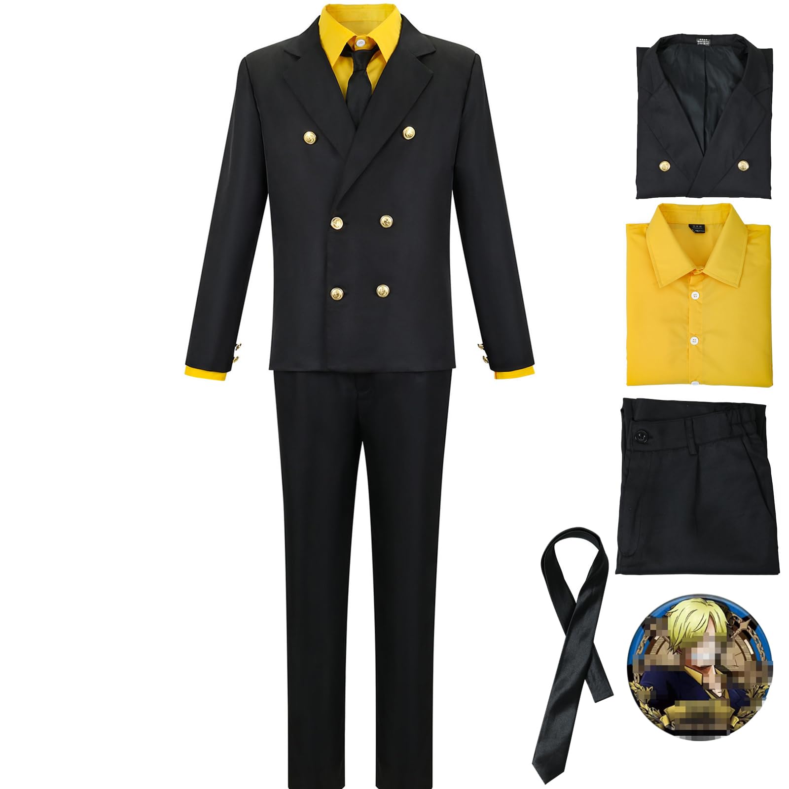 Sanji Cosplay Costume with Wig Sanji Costume Men Black Uniform Blue Shirt Outfit Halloween Set (Yellow, Medium)