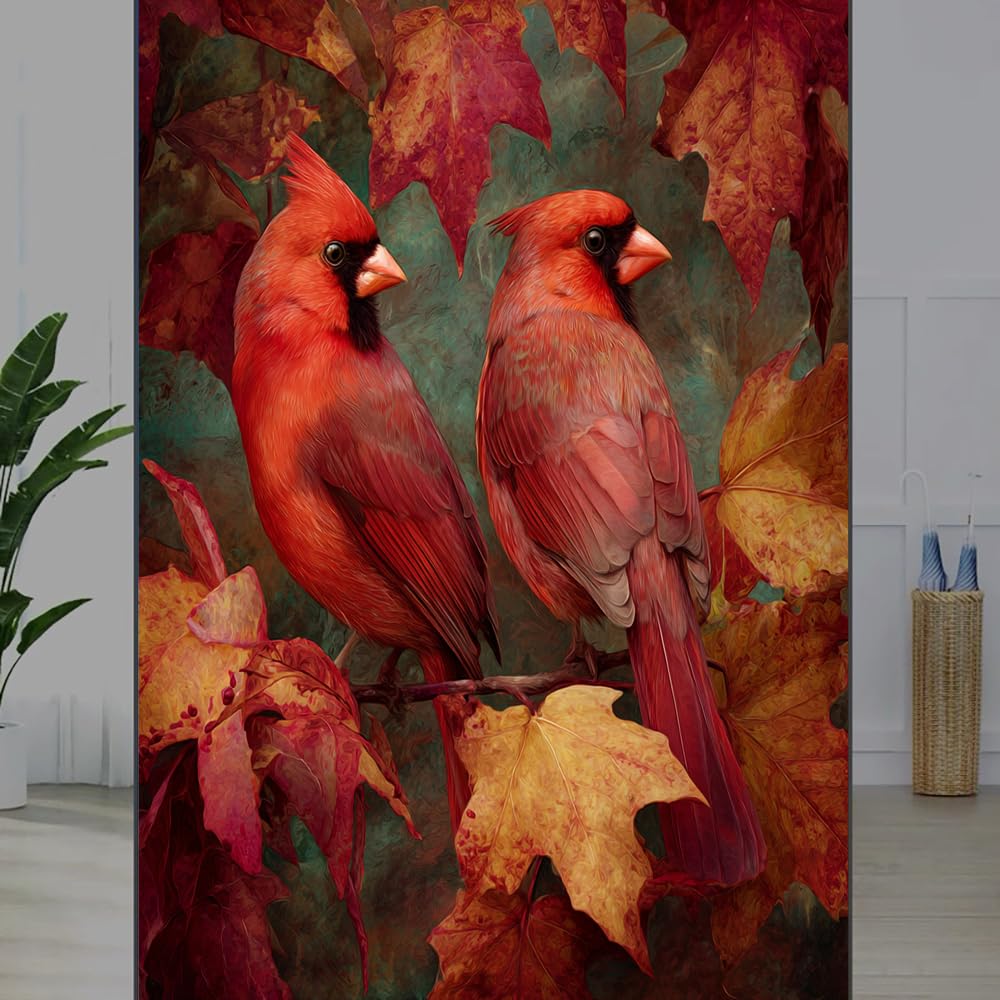 FOCCAFB Botanical Bird Frosted Window Film, Fall Leaves Retro Wildlife Stained Glass Privacy Film, Heat Insulation Self-Adhesive Vinyl for Bathroom Office, （40x80cm）