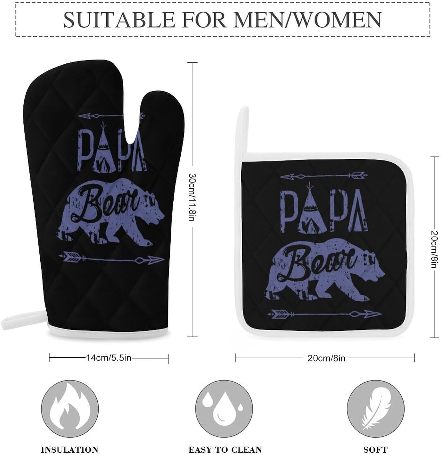 Papa Bear Print Oven Mitts and Pot Holders 3 Piece Sets Heat Resistant Gloves Hot Pads Potholders for Kitchen Baking Cooking