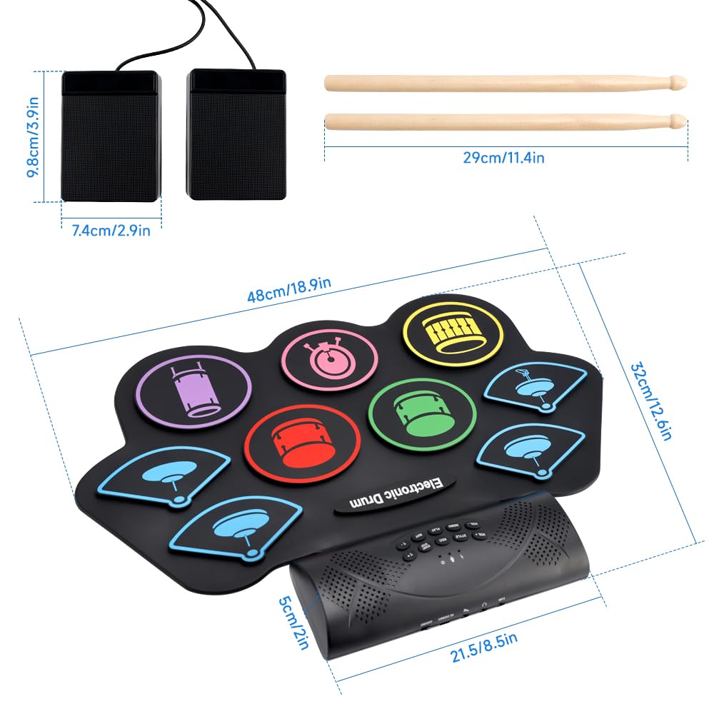 Topteng 9-Pad Schlagzeug Elektronisch, Handroll E-Drum Set mit Stereo-Lautsprechern & Fußpedalen, Tragbares Silikon Drum Pad Kit mit Kopfhöreranschluss, Musikinstrument Geschenk für Kinder & Anfänger