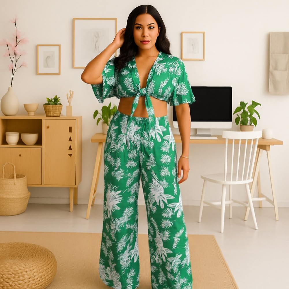 HWP 2 Piece Sets for Women Summer Vacation Outfits Tropical Print Short Sleeve Tops Wide Leg Long Pants Casual Matching Sets - Image 6