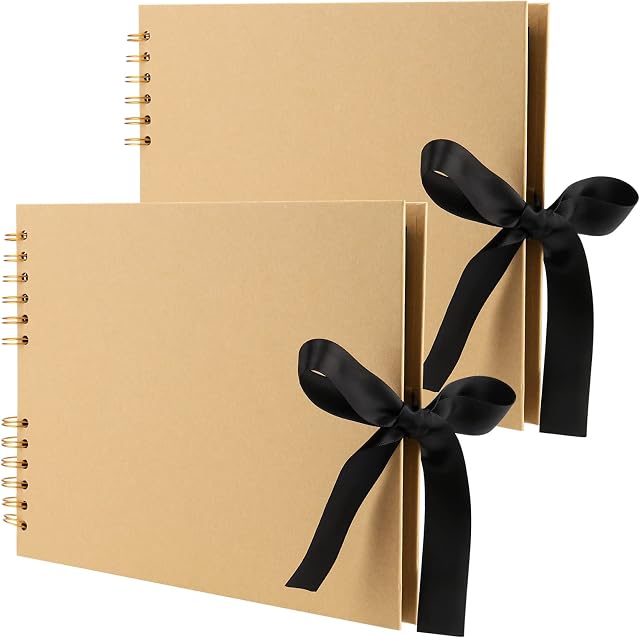 PINGEUI 2 Pack Scrapbook Photo Albums, 50 Pages 29 x 21.5cm Brown Blank Large Thick Kraft Paper Scrapbook with Ribbon for Gift, Art, DIY Craft Project