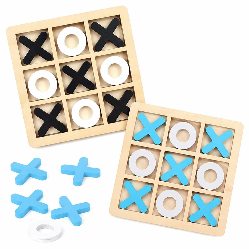 2 Packs Wooden Tic Tac Toe Game, Classic Noughts and Crosses Board Games for Kids and Adults, Portable 14x14cm Travel Size Tabletop Strategy Toys Set for Family Fun Night Coffee Shop Decor