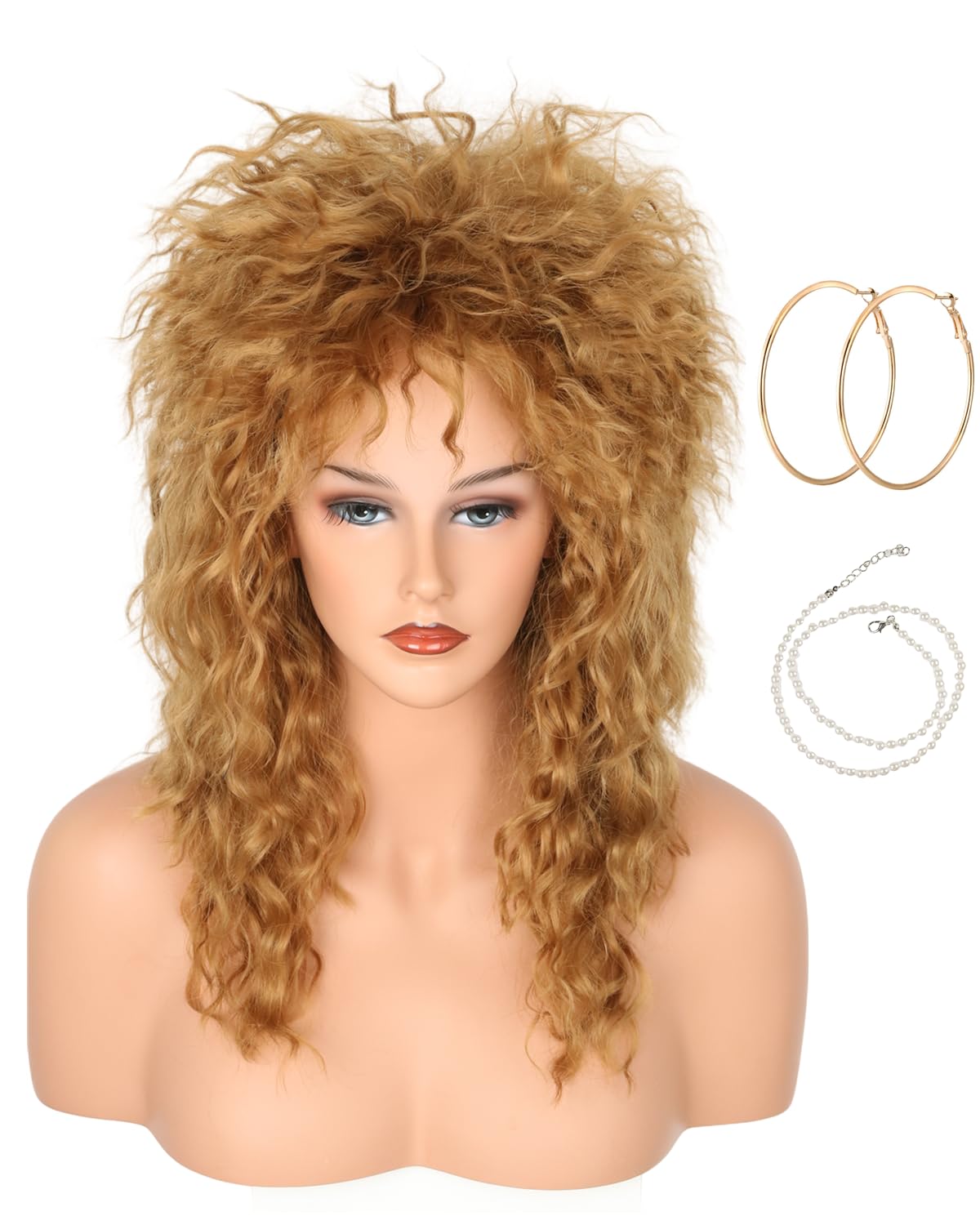 Womens Blonde Long Curly 80s Rocker Mullet Wig Halloween Party Costume Wig