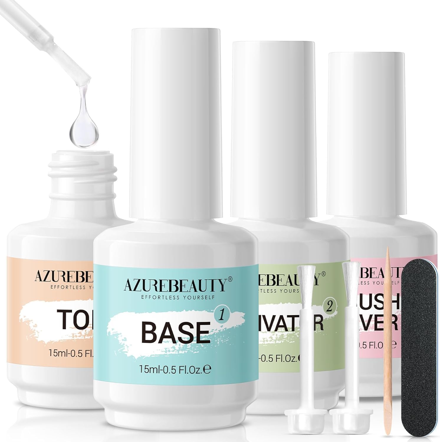 AZUREBEAUTY Dip Powder Liquid Set 15ml/0.5oz 8 Pcs Dipping Base Activator and Top Coat Brush Saver Nail File Necessary Tools for Dip Kit No Lamp Needed