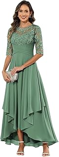 Women's Mother of The Bride Dresses for Wedding Crew Neck Tiered Ankle Length Lace Appliques Formal Evening Gown