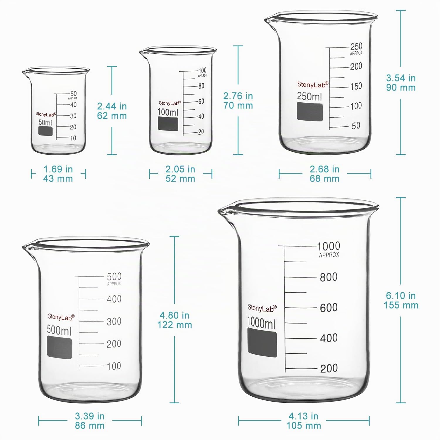 stonylab Set de Béchers de Laboratoire en Verre Borosilicaté, Béchers Griffin Graduées Forme Basse en 5 Tailles, 50 ml/100 ml/250 ml/500 ml/1000 ml (1 L), Pack Combiné