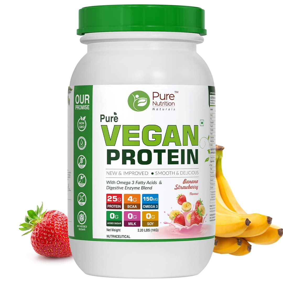 Pure Nutrition Plant Protein Powder for Men, Women - Banana Strawberry, 1Kg | Pea & Brown Rice Protein with Omega3, BCAA & Digestive Enzymes | Clean, Plant-based, Vegan Supplement for Muscle Growth (B0BLHK3H4Y) Amazon Price History, Amazon Price Tracker