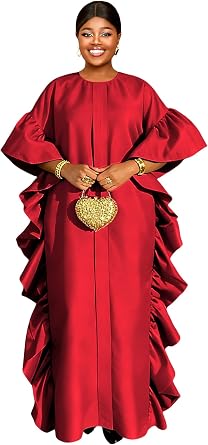 AOMEI Loose Fit Bubu African Dresses for Women Ruffle Short Sleeve Maxi Kaftan Dress Party Wedding Vacation Outfits