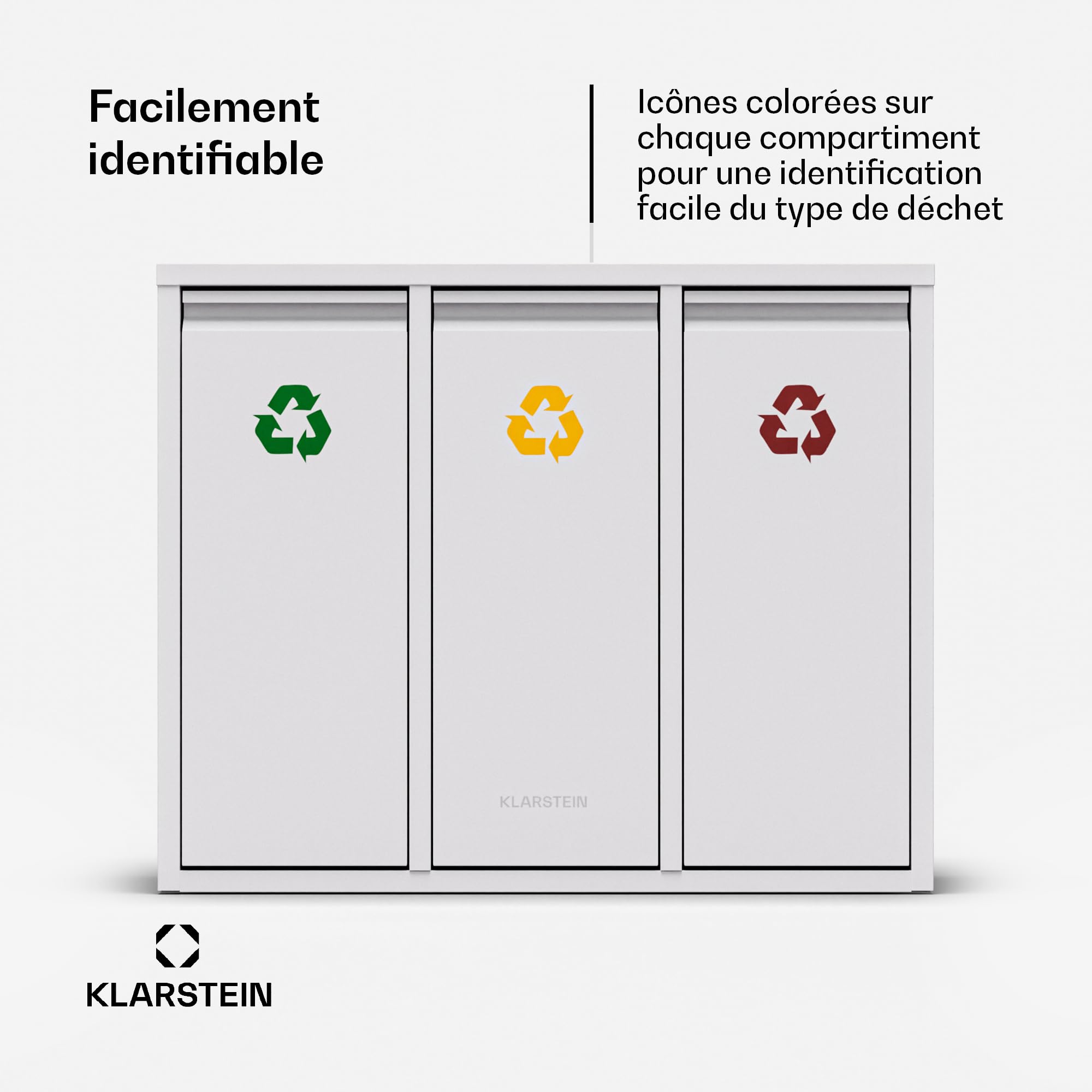 Klarstein Ordnungshüter 3 Poubelle de tri sélectif - Poubelle de cuisine 45 L avec 3 bacs amovibles, acier inoxydable, code couleur, poubelle murale