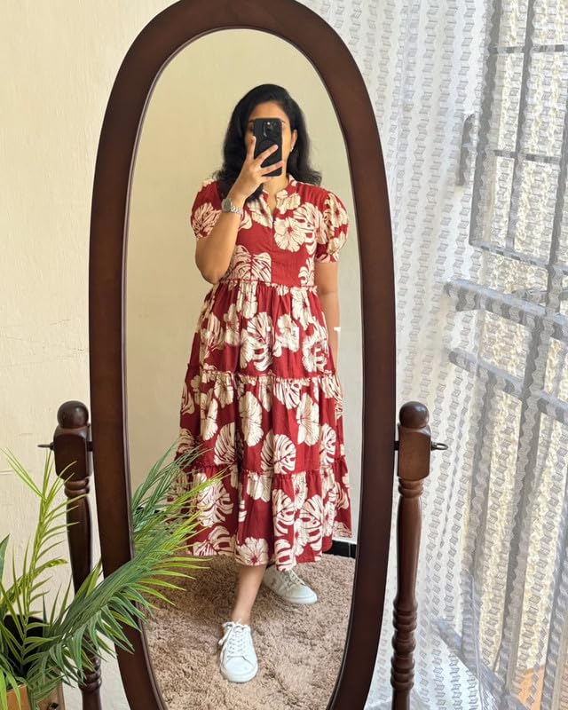 Image of Floral Midi Dress for Women - Summer Boho Dress, Lightweight & Breathable, Elegant Floral Print, Casual & Vacation Outfit, Comfortable Flowy Dress for Women