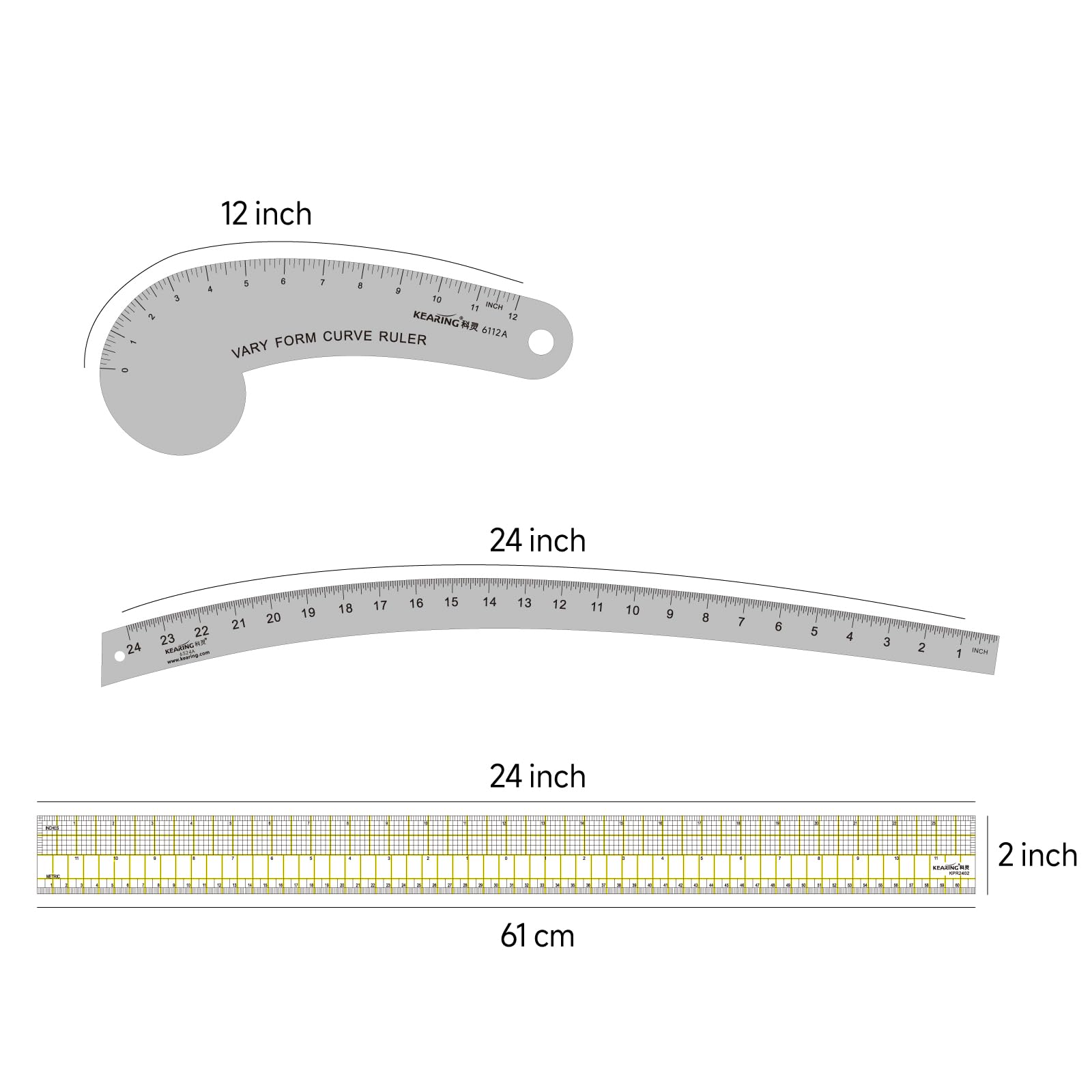 KEARING Kit de reglas de diseño de moda, regla curva francesa de aluminio ligero de aviación, regla curva de cadera, regla cuadrada en L, regla curva de forma variable para costura, acolchado
