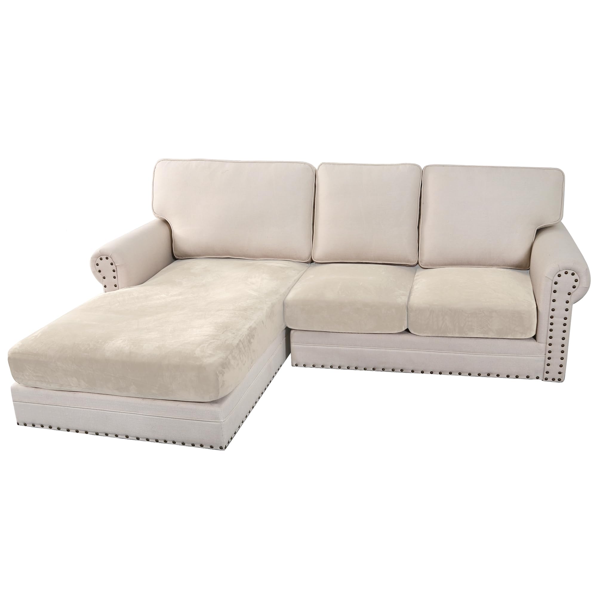 Photo 1 of H.VERSAILTEX Velvet Stretch Sectional Couch Covers 3 Pieces Sofa Seat Cushion Covers L Shape Separate Cushion Couch Cover for Both Left/Right Sectional Couch (Large Sofa 2 Seater + 1 Chaise, Ivory)