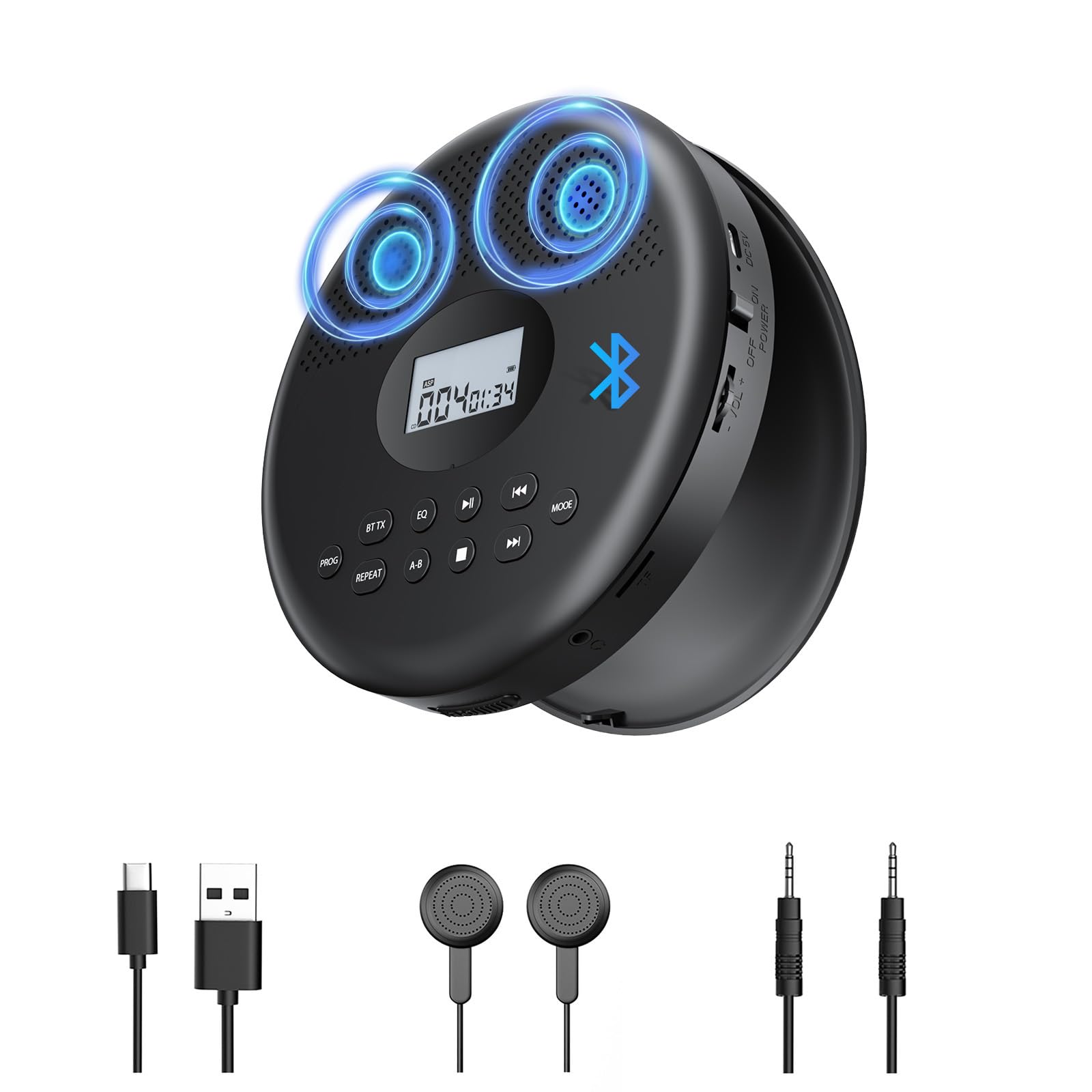 Arafuna Lecteur CD portable avec Bluetooth, batterie rechargeable, lecteur CD personnel pour voiture avec haut-parleurs/casque/écran/antichoc, compact pour la maison, les voyages, prend en charge TF
