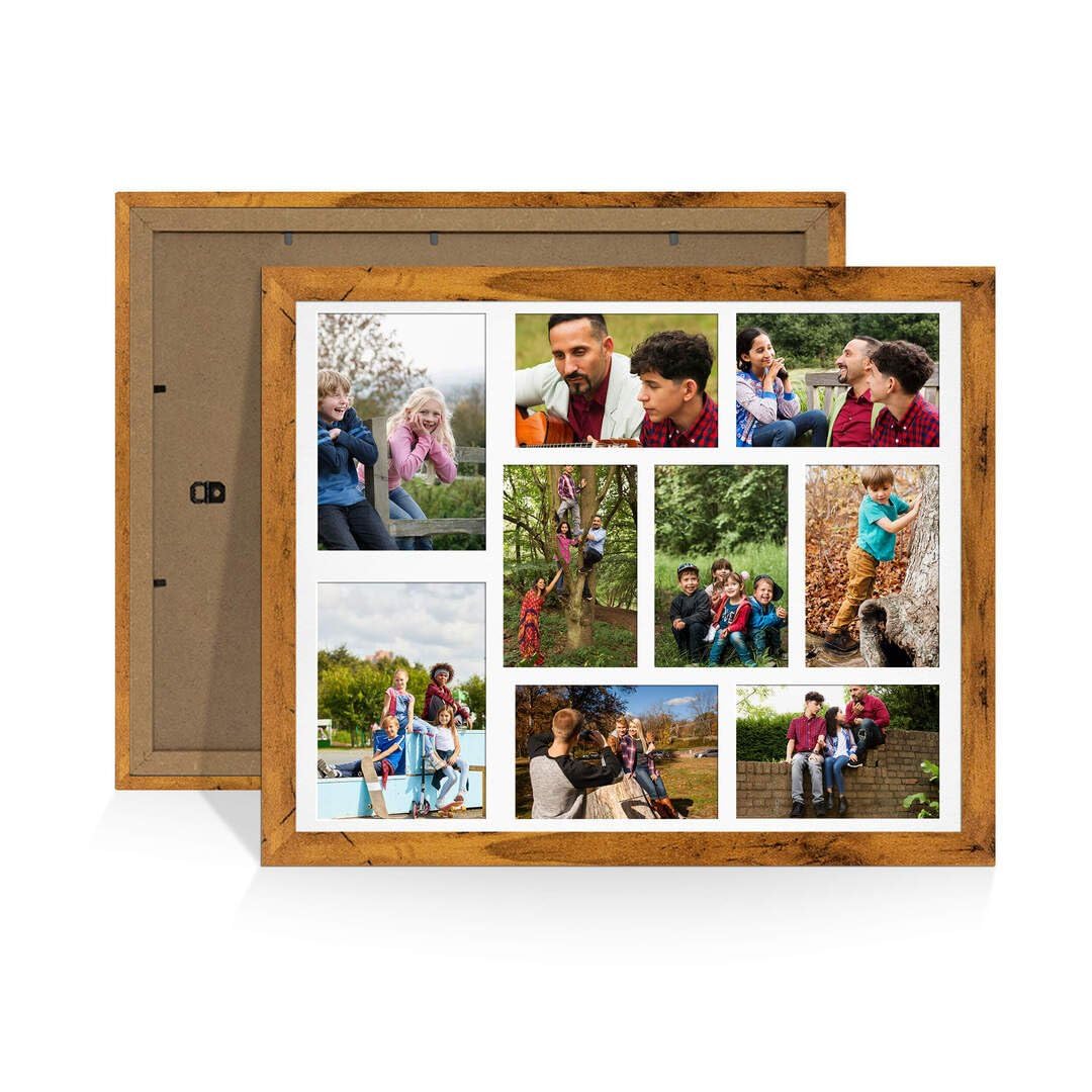 Procut Global 20X16 Rustic Oak Photo Frames For Multiple Pictures with White Mount-Modern Collage Frame with 9 Apertures (2x) 7x5, (7x) 6x4-Engineered Wood with Shatterproof Perspex