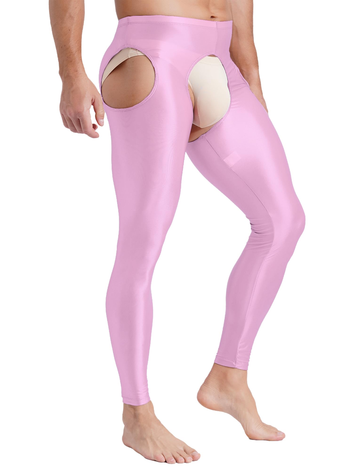 Vxuxlje Men's Oil Shiny Open Crotch Leggings High Waist Cut Out Leggings Compression Pants