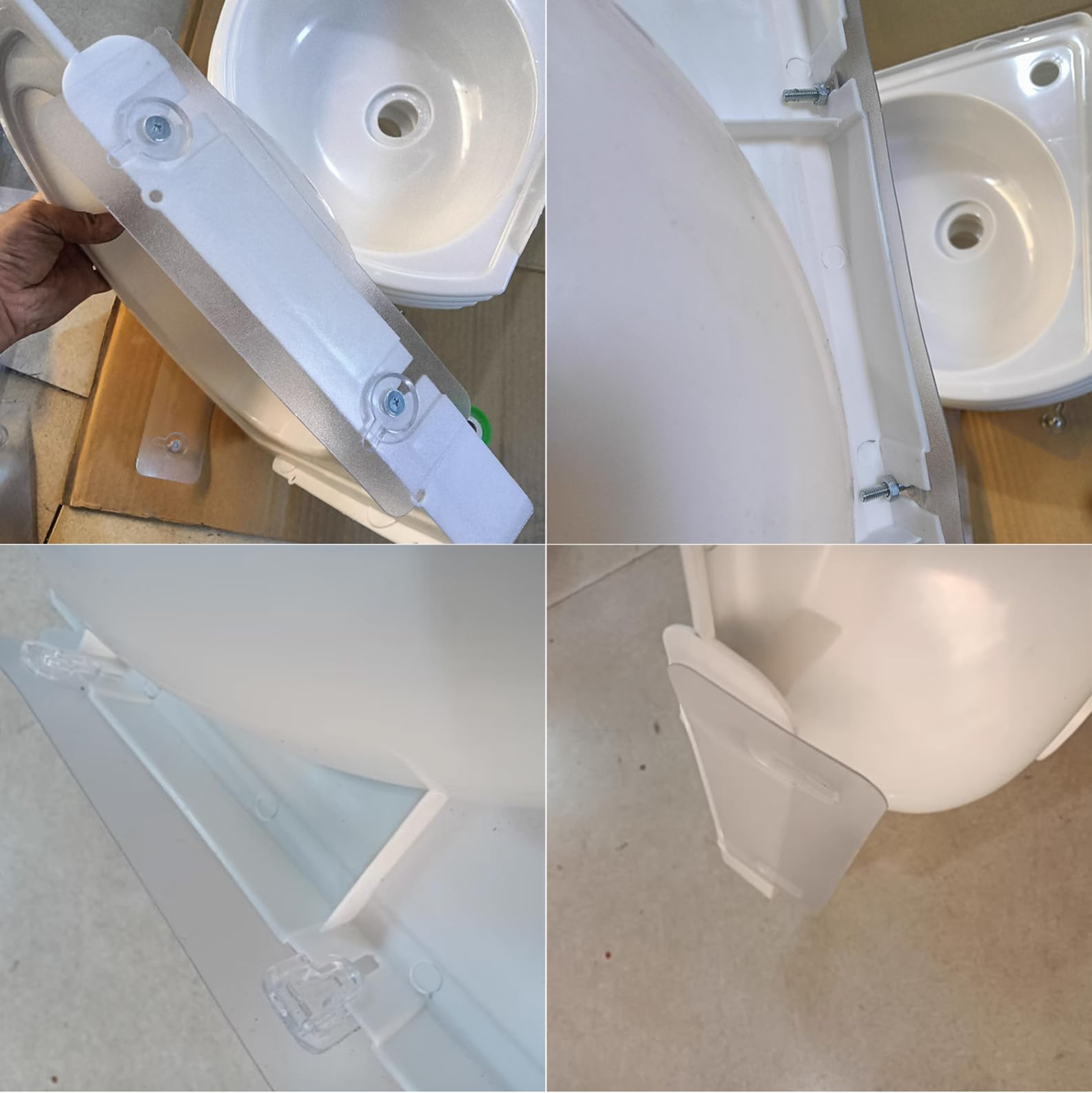 Lavabo angolare per montaggio a parete, 27,5 x 27,5 x 10 cm, in plastica, bianco, con scarico