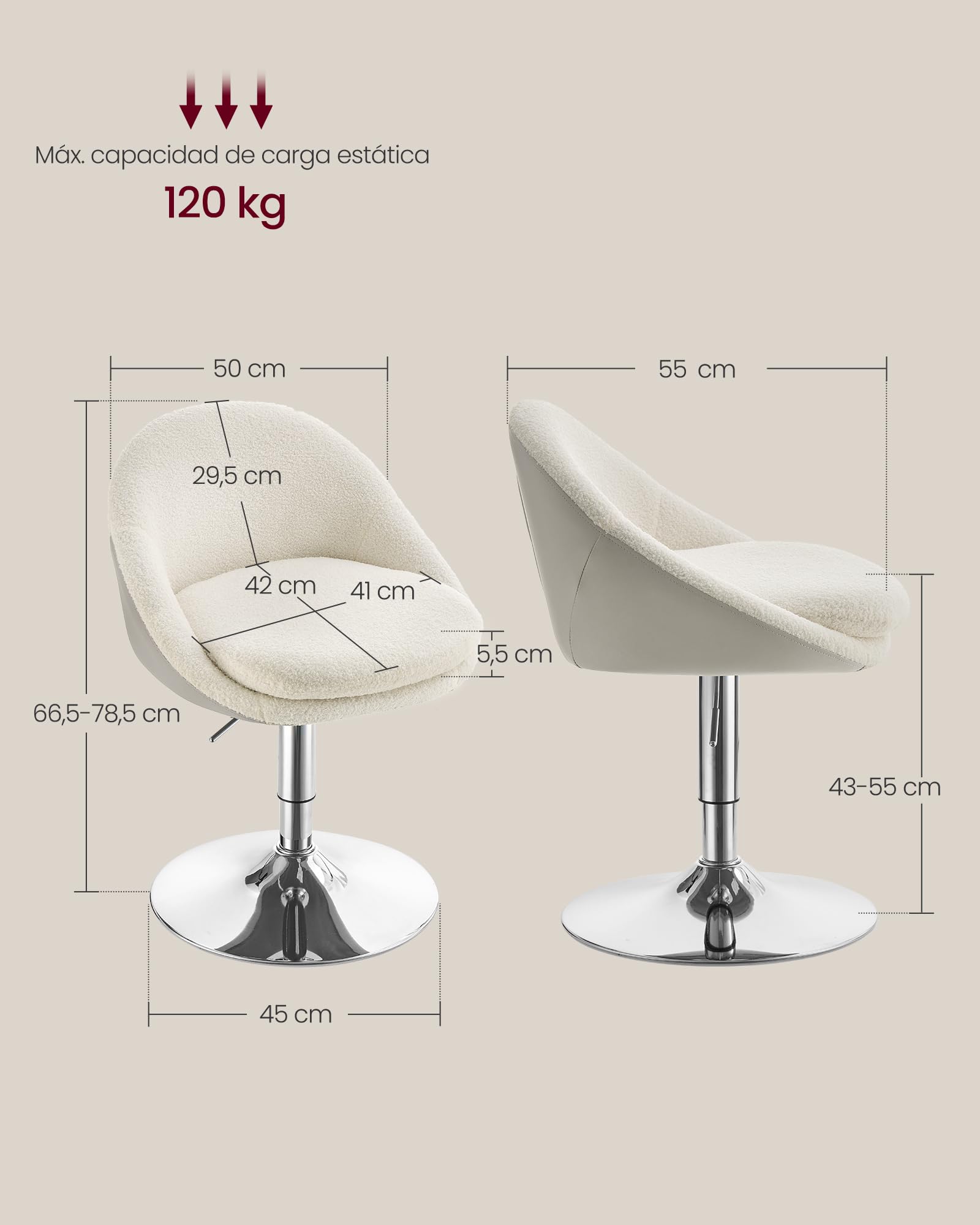 VASAGLE Silla Ajustable, Taburete de Tocador, Silla de Oficina Giratoria, Taburete de Bar con Respaldo y Base, Acero, para Mostrador, Oficina, Tocador, Comedor, Blanco Crema y Gris Plata LJB100W01