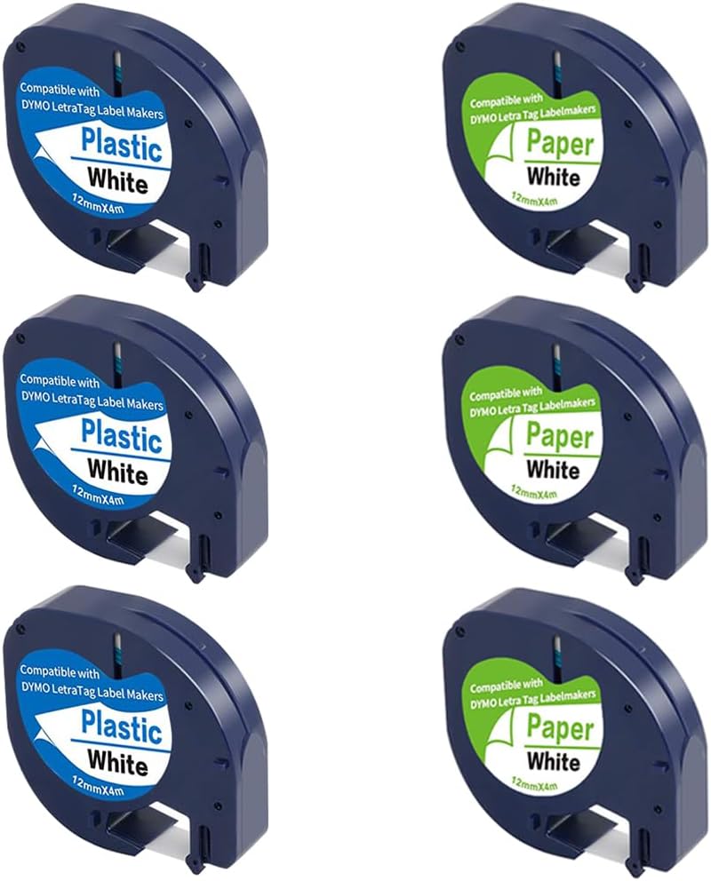 6-Pack 91331 White Plastic Label Tapes Replace for DYMO LetraTag Label Maker Refills for Letra Tag Plus LT100H LT100T, 1/2" x 13'(12mm x 4m), Black on White, FlyLong Cartridges