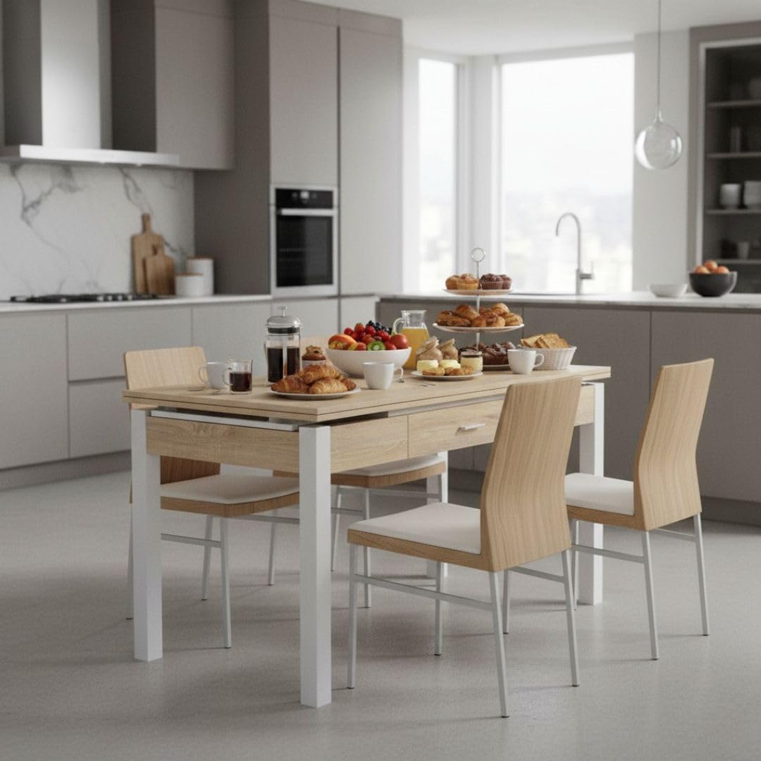 Mesa Cocina Extensible - Medidas 100/150X60x75 cm. - Mesa de Cocina con cajón - Disponible en Color Blanco y Roble. (Madera)
