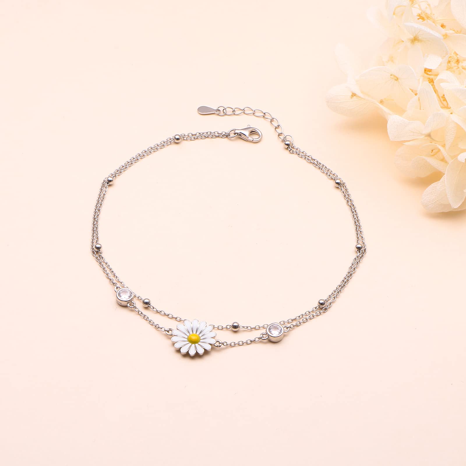 DAOCHONG Tobillera de plata de ley 925 con perlas y flores, cadena ajustable para el tobillo como regalo para mujer (margarita_9+1 pulgadas)