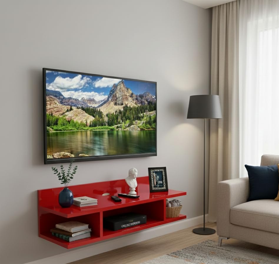 Image of Engineered Wood Set Top Box Stand | Wall Mounted TV Unit Shelf for Router, WiFi, DVD, Gaming Console | Sturdy & Space Saving TV Accessory Organizer (Brown, 50 x 20 x 15 cm) (Red)