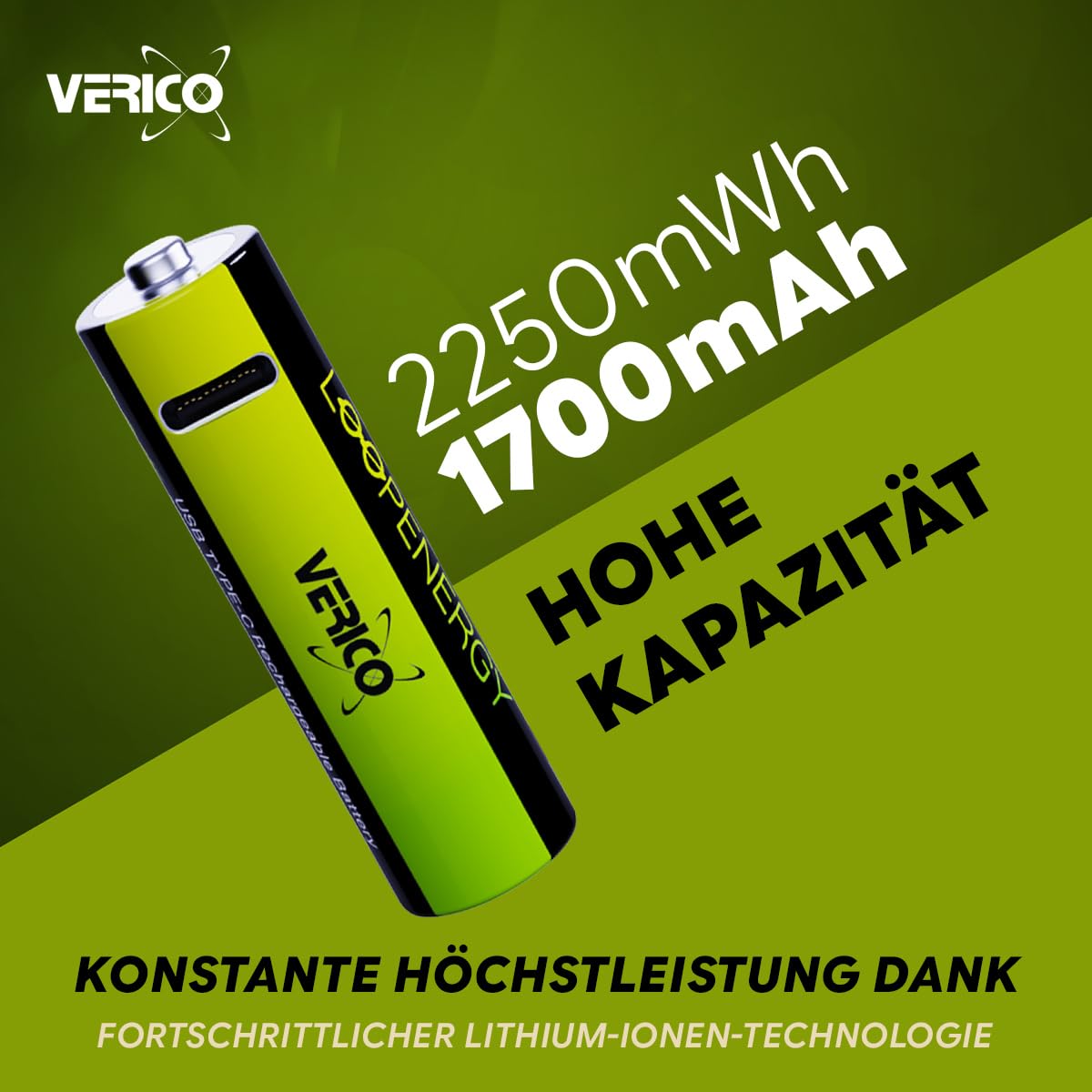 [Preis-LEISTUNGSSIEGER*] 12er Set: VERICO LoopEnergy Pack AA wiederaufladbare Batterien, Lithium Akku Batterie wiederaufladbar, aufladbareset Battery mit Type A auf 4X USB C Ladekabel, aufladbar