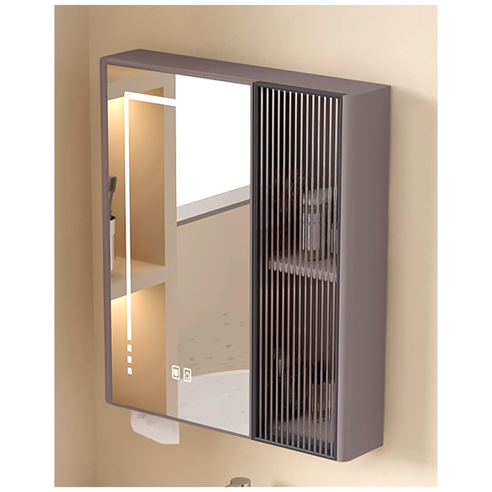 Armario de baño con espejo LED con interruptor antivaho, color gris, espejo de maquillaje, ahorro de espacio, almacenamiento sobre el inodoro, gabinete de medicina moderno con iluminación integrada