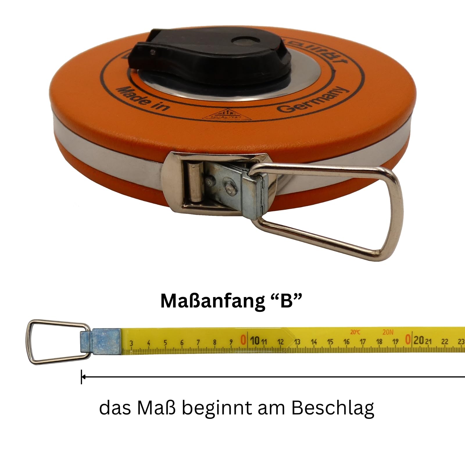 Richter Glasfaserbandmaß 50 m – 16 mm breit – gelbes Gewebeband mit mm-Teilung – in robuster Platalkapsel mit Kunststoffüberzug – Maßanfang B (direkt am Beschlag) inkl. DEWEPRO Zollstock 2 m