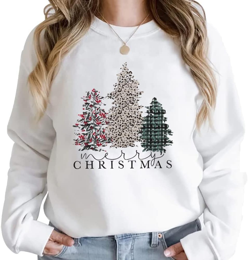 ASTANFY Merry Christmas Sweatshirt for Women Plaid Holiday Long Sleeve Tree Pullover Lightweight Shirt - Image 4