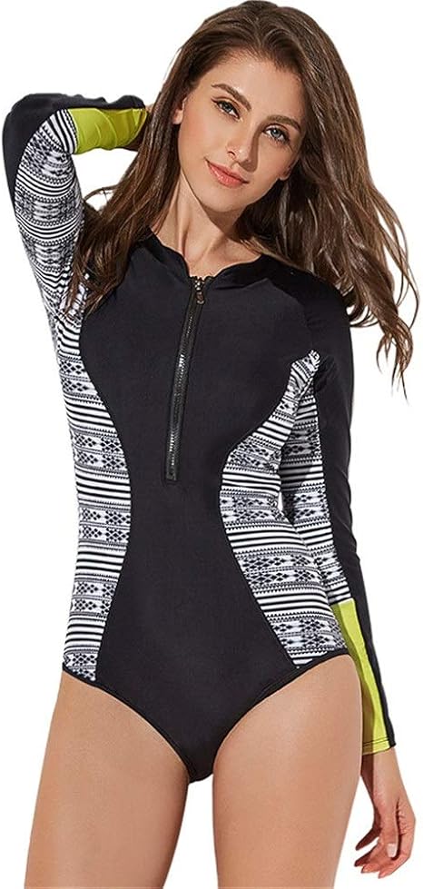 Amazon Co Jp ワンピース水着 女性の日焼け防止ワンピーススポーツサーフィン水着長袖colorblockラッシュガード痩身おなかコントロール水着ビーチウェア入浴スーツ 水陸両用 Color Black Size S 服 ファッション小物