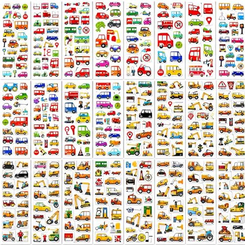 24 Feuilles Autocollants Gommettes Enfants, Stickers D'autocollants 3D Imperméables Voiture et Excavatrice, Sticker Enfant pour 2+ Ans Garçon Fille, Bricolage, Récompense, Cadeaux et Décoration
