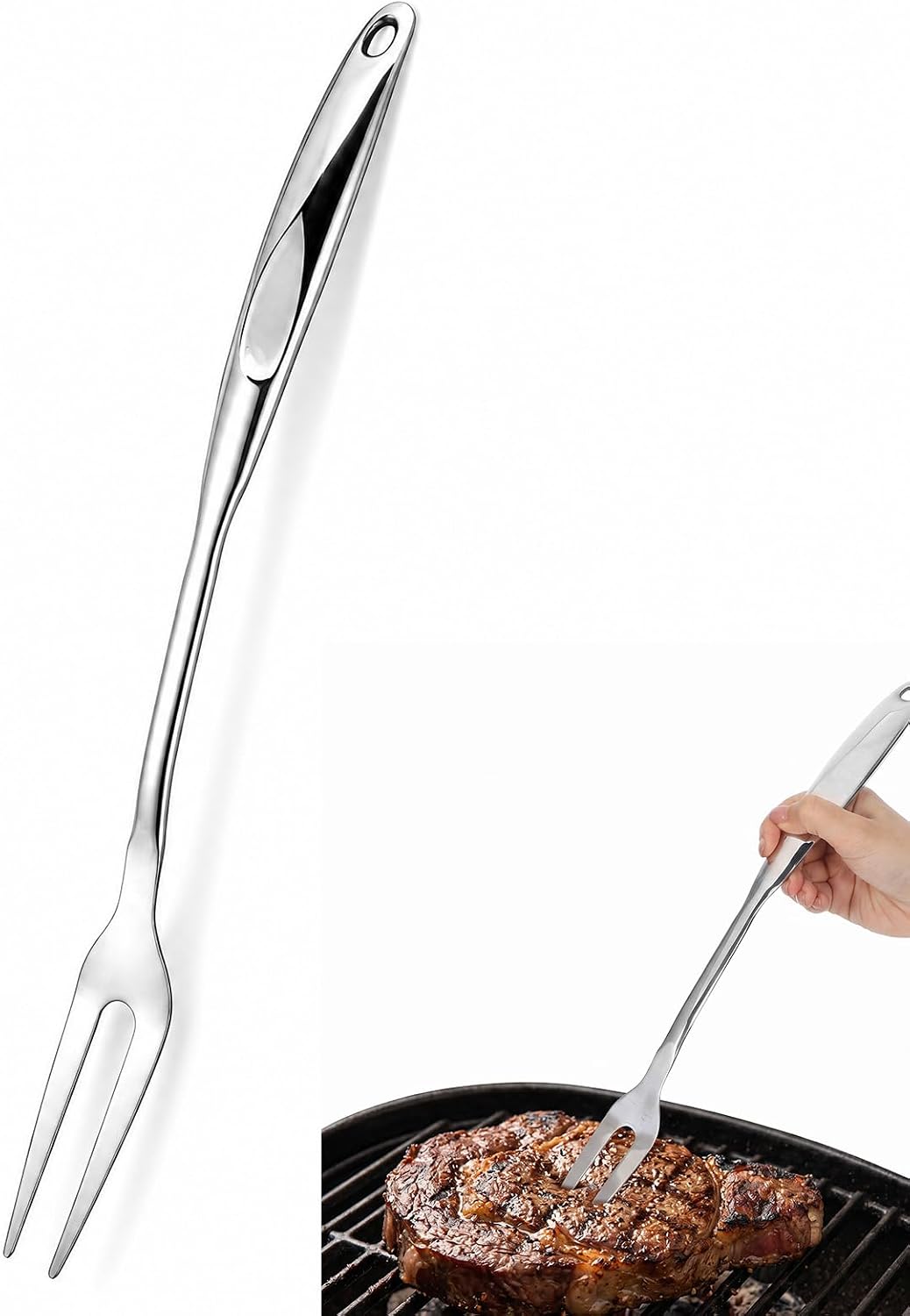Grill Fork Cooking Forks Heavy Duty Two Prong Meats Fork 14.6" Stainless Steel Carving Forks for Meat with Hanging Hole Heat-Resistant for Grilling Roasting Turning Serving