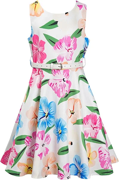 LQSZ Girls Prom Dress Sleeveless Floral Print A-Line Swing Dress with Belt Vintage Party Gown for Teen Girl 3-12 Years