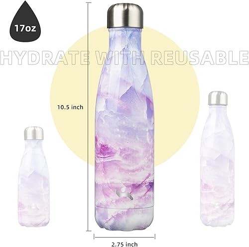 Miniatura 3 de Konokyo Botellas de agua aisladas, 17 onzas, doble pared de acero inoxidable, termo de metal Vacumm para viajes deportivos, marble-Dawn